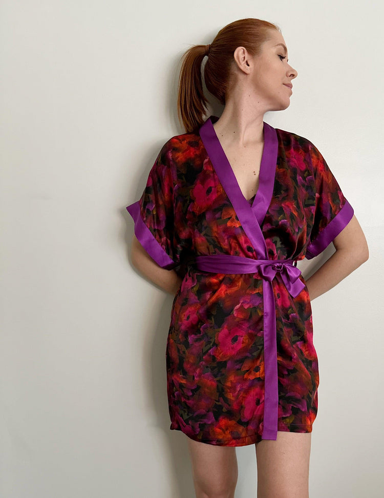 The Poppy Silk Satin Charmeuse Short Kimono - Carol Coelho Intimates