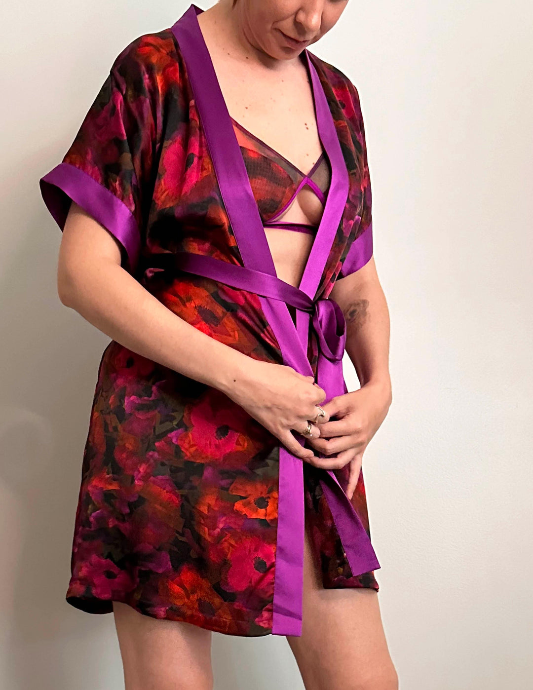 The Poppy Silk Satin Charmeuse Short Kimono - Carol Coelho Intimates