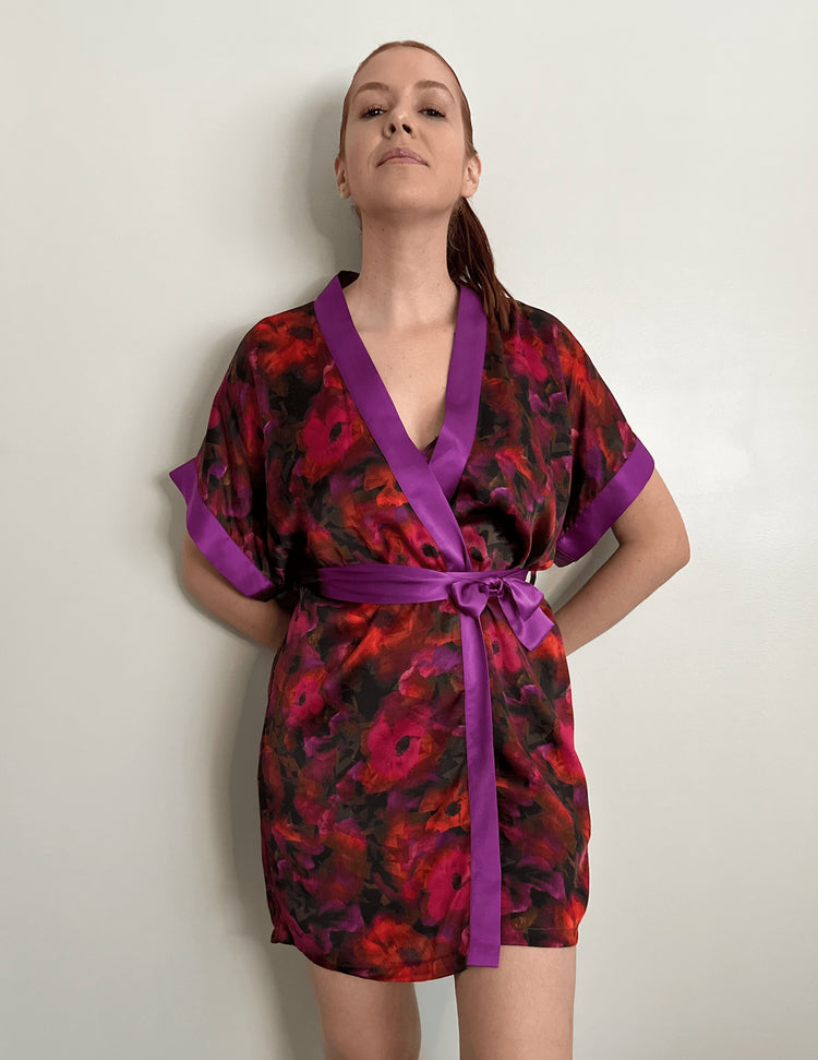 The Poppy Silk Satin Charmeuse Short Kimono - Carol Coelho Intimates