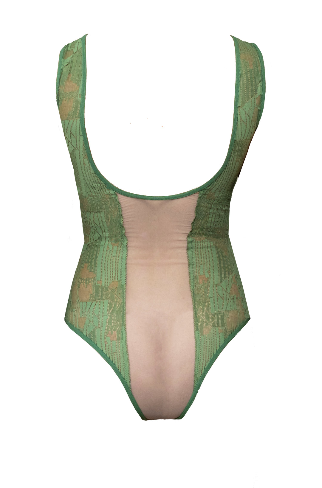 Step into our newest, coolest bodysuit style. Made with our exclusive green geometric lace and sheer tulle front and back panels, this maillot has a low scoop back and a Brazilian back cut.  Lined in 100% cotton.