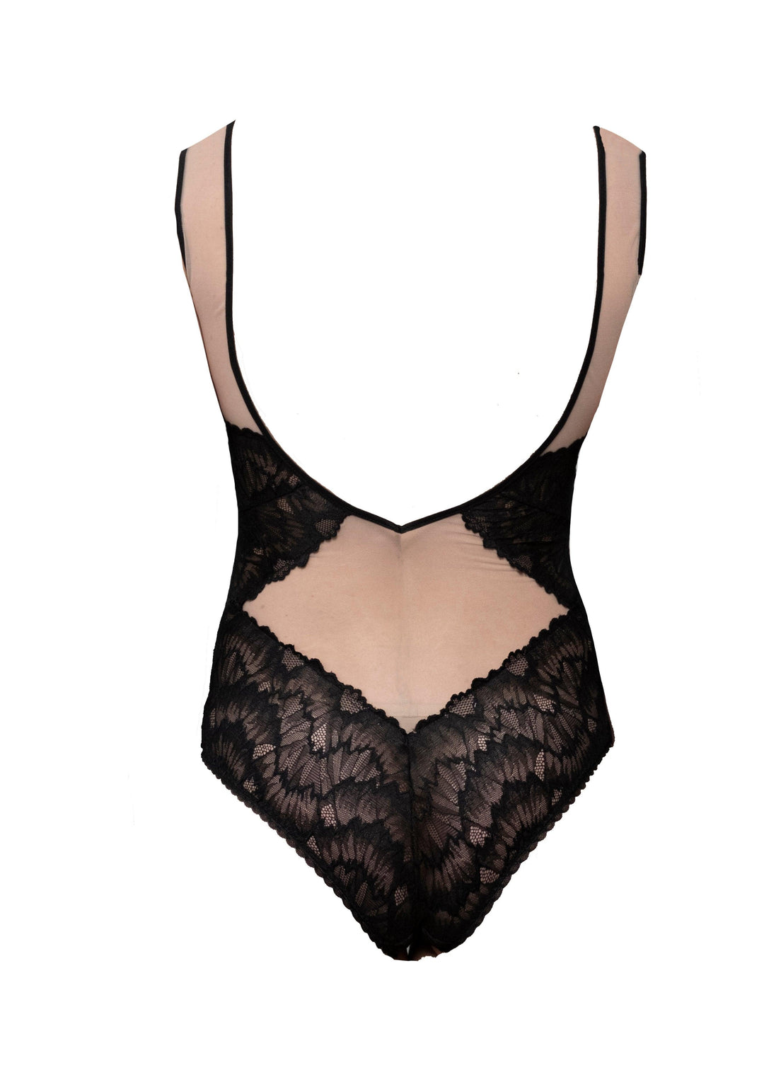 Geometric lace and stretch tulle leotard-shape bodysuit with adjustable crotch hooks and low scoop back. Lined in 100% cotton.