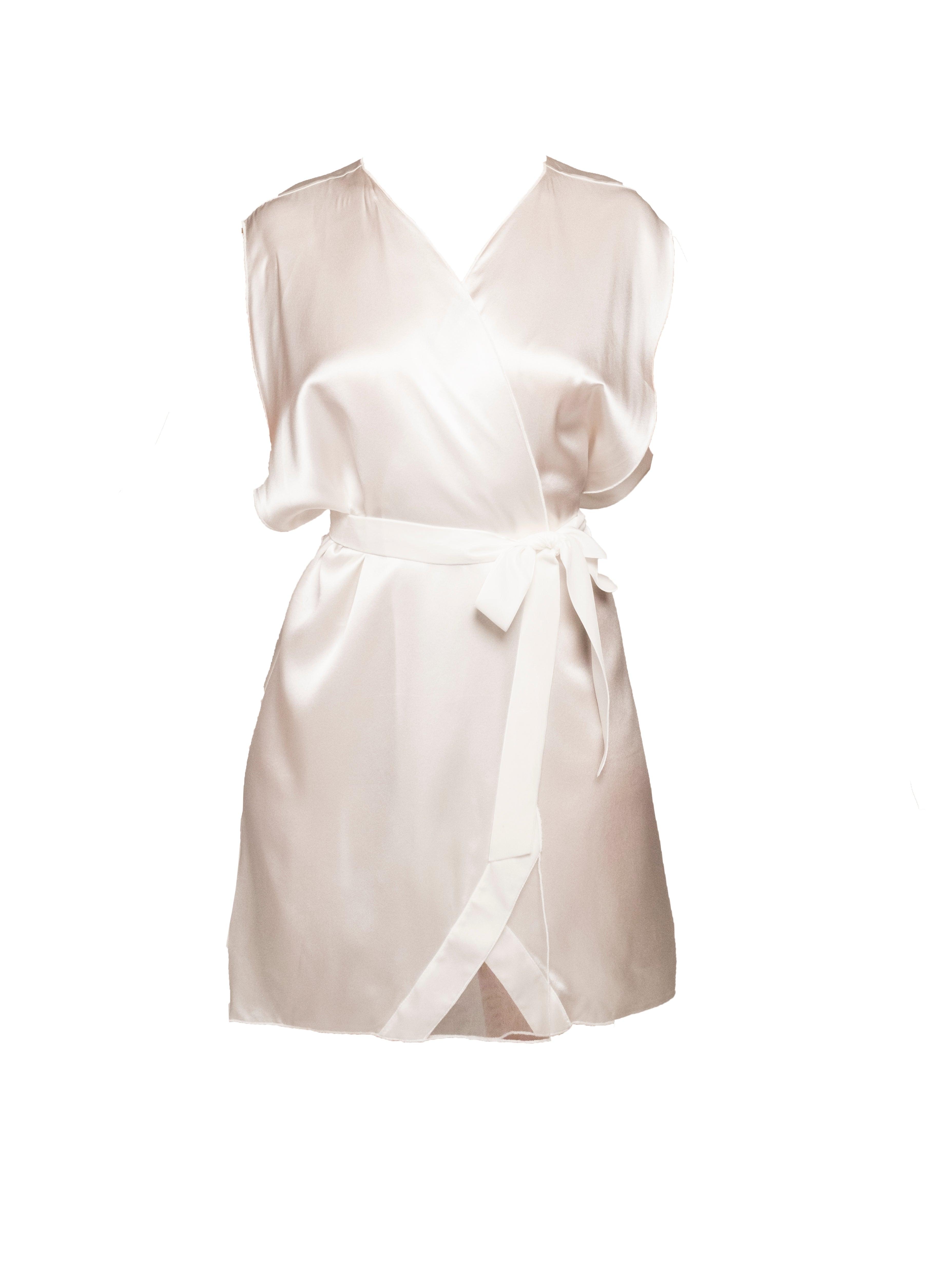 Off White Silk Satin Robe and Tunic with Velvet Detail and Sash - Carol Coelho Intimates