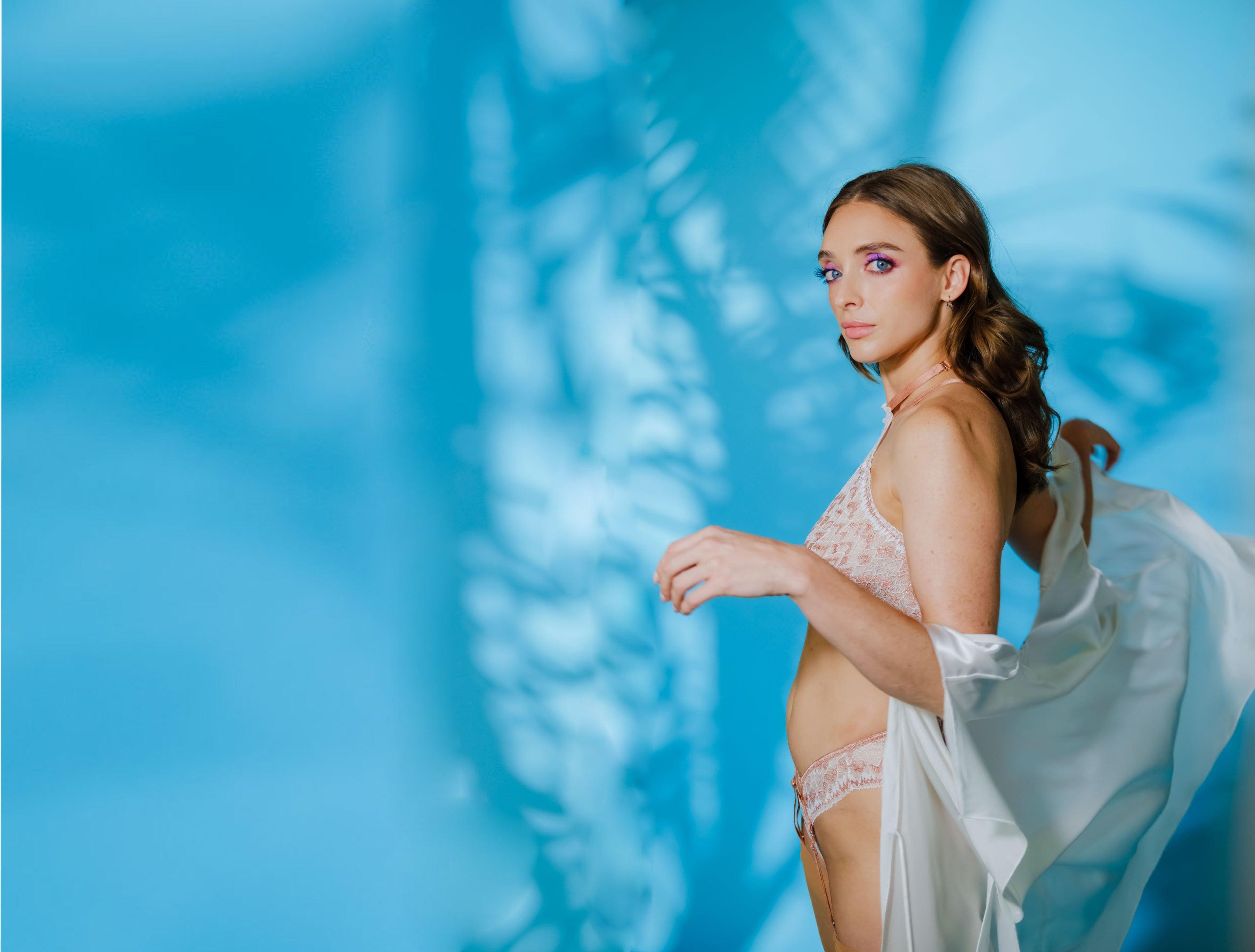 Off White Silk Satin Robe and Tunic with Velvet Detail and Sash - Carol Coelho Intimates