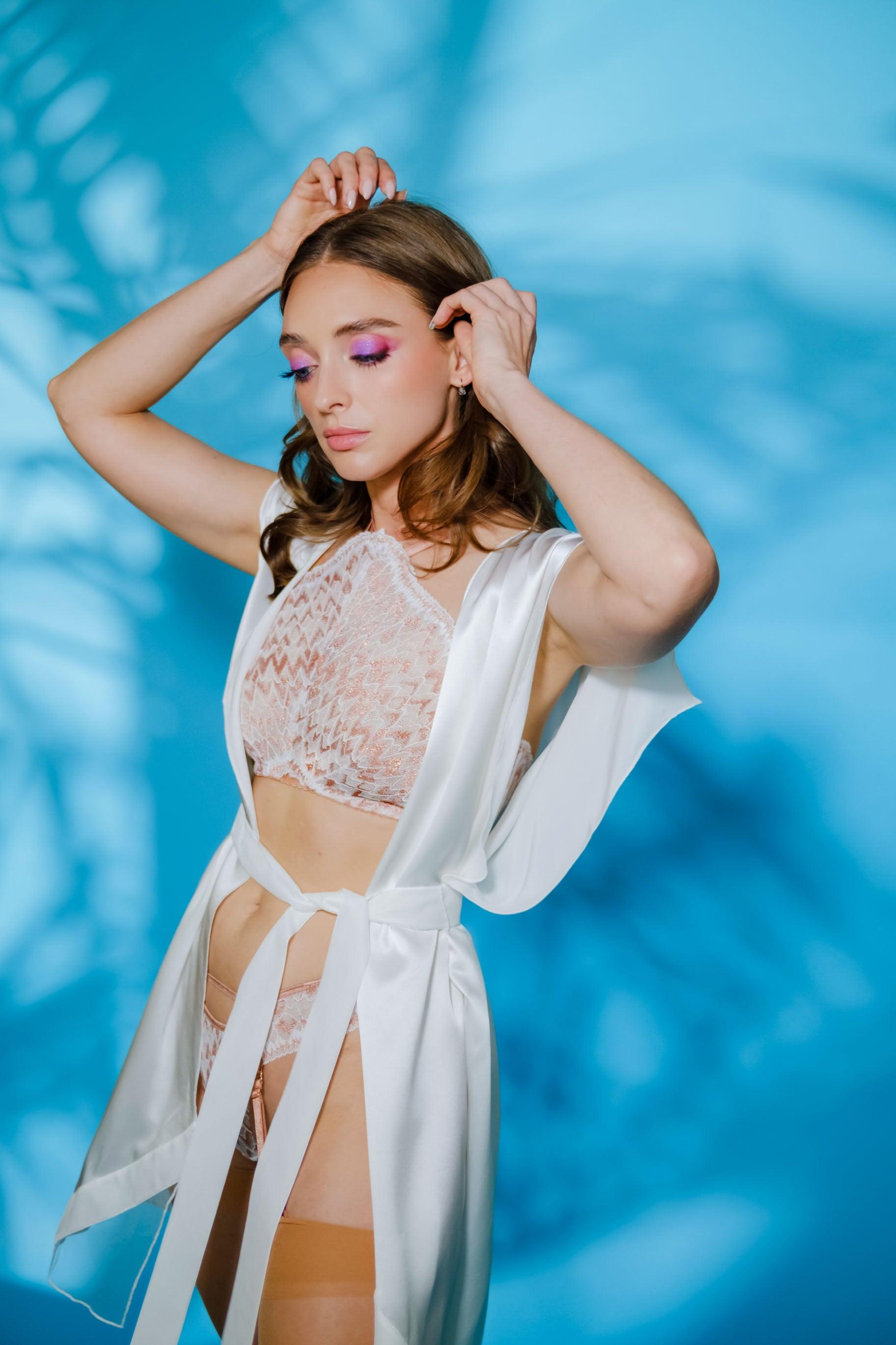 Off White Silk Satin Robe and Tunic with Velvet Detail and Sash - Carol Coelho Intimates