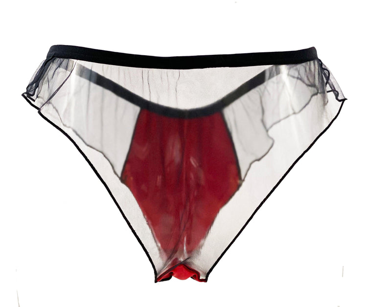 Pomegranate Love Silk Satin and Tulle Frou Frou Tanga - Carol Coelho Intimates