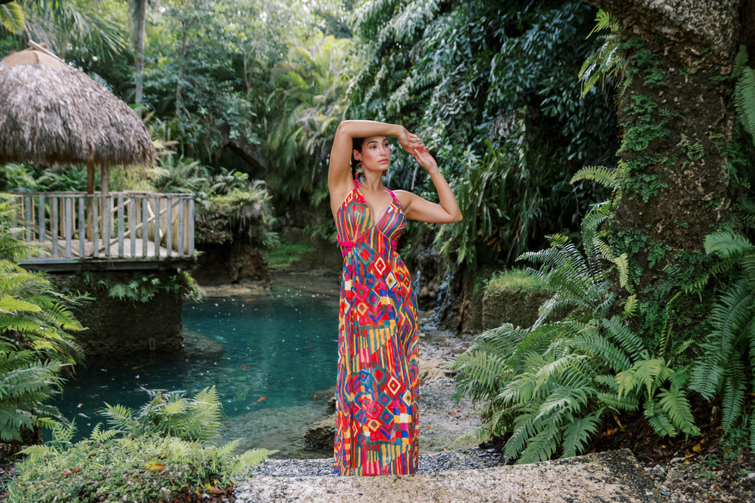 Cuzco Printed Mesh Long Gown