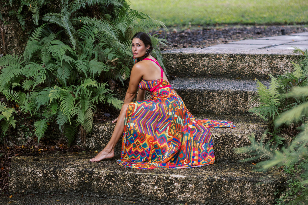 Cuzco Printed Mesh Long Gown