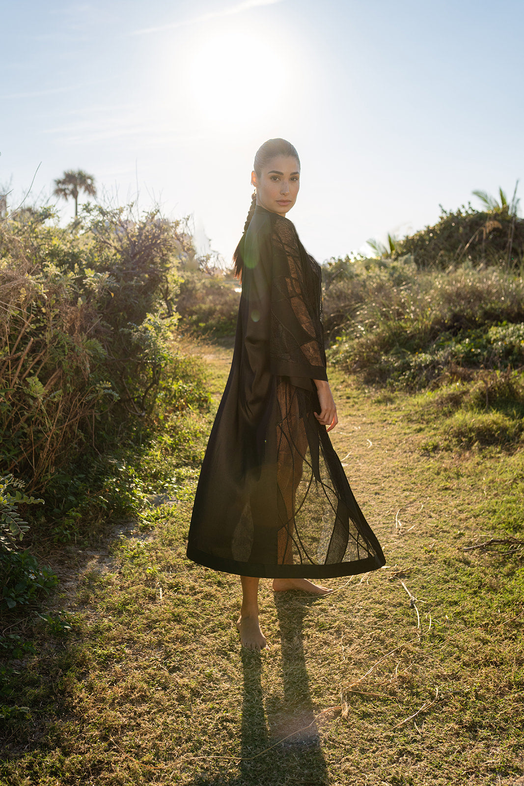 Lithos Black Embroidered Long Kimono