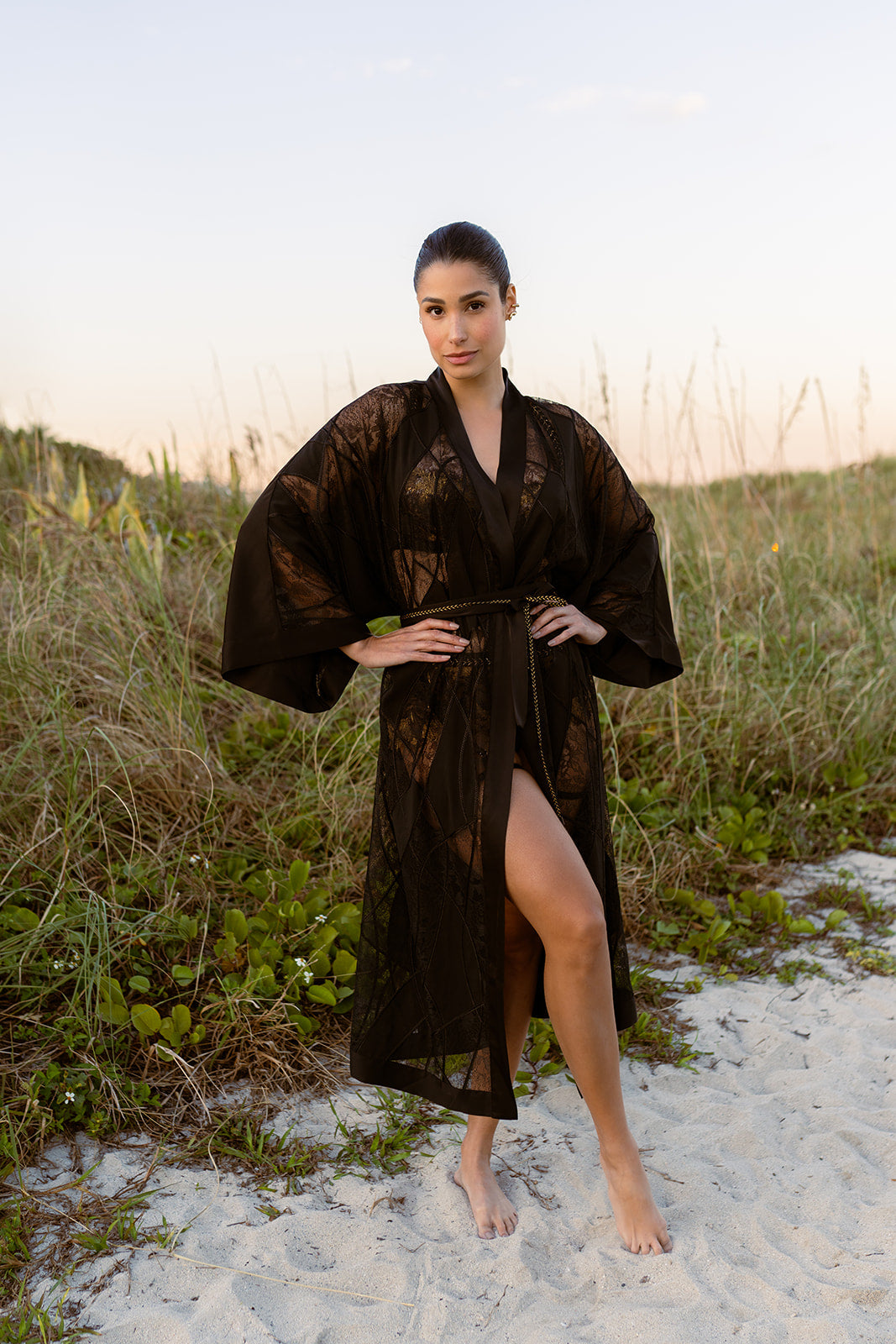 Lithos Black Embroidered Long Kimono