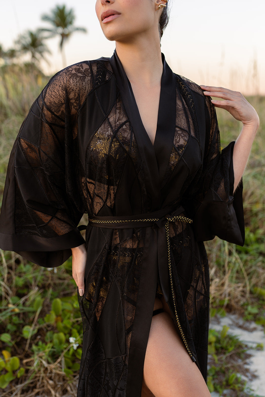 Lithos Black Embroidered Long Kimono