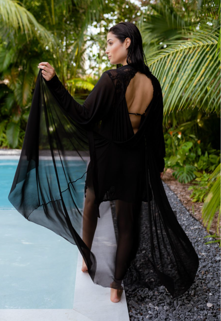 Terminator Lace, Mesh and Satin Long Draped Back Robe