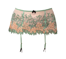 Load image into Gallery viewer, Green and Salmon Floral Embroidered Tulle Garter Belt is practically a flirty skirt; that&#39;s why Carol has nicknamed it the Skelt. Trimmed in shiny elastic, our Skelt is unlined and is fastened in the back with black satin ribbon.   Leg adjustable straps feature rose gold hardware and black clips.  For a set, match this style with our Grace Embroidered Tulle Underwire Bra and the Grace Embroidered Tulle Tanga.  A set made to drop any jaw. 
