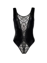 Load image into Gallery viewer, Pomegranate Love Black Velvet and Lace Bodysuit
