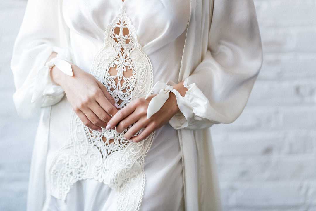 Highlands Silk Satin Chiffon Victorian Silk Robe with Bishop Sleeves and Asymmetric Hem