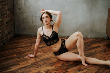 Load image into Gallery viewer, Mind Games Lace and Check Tulle Mi-Long Bralette
