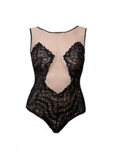 Load image into Gallery viewer, Geometric lace and stretch tulle leotard-shape bodysuit with adjustable crotch hooks and low scoop back. Lined in 100% cotton.
