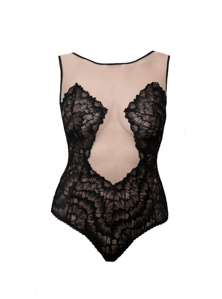 Geometric lace and stretch tulle leotard-shape bodysuit with adjustable crotch hooks and low scoop back. Lined in 100% cotton.