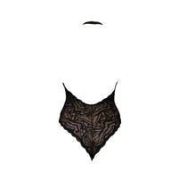 Load image into Gallery viewer, Soft lace halter bodysuit trimmed in velvet elastic and lined in 100% cotton. Cut out detail in center front gives a beautiful glimpse of skin.
