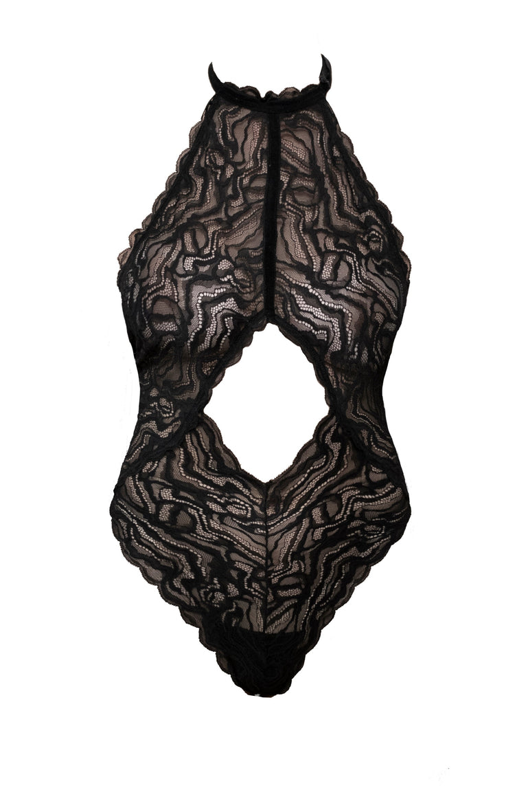Soft lace halter bodysuit trimmed in velvet elastic and lined in 100% cotton. Cut out detail in center front gives a beautiful glimpse of skin.